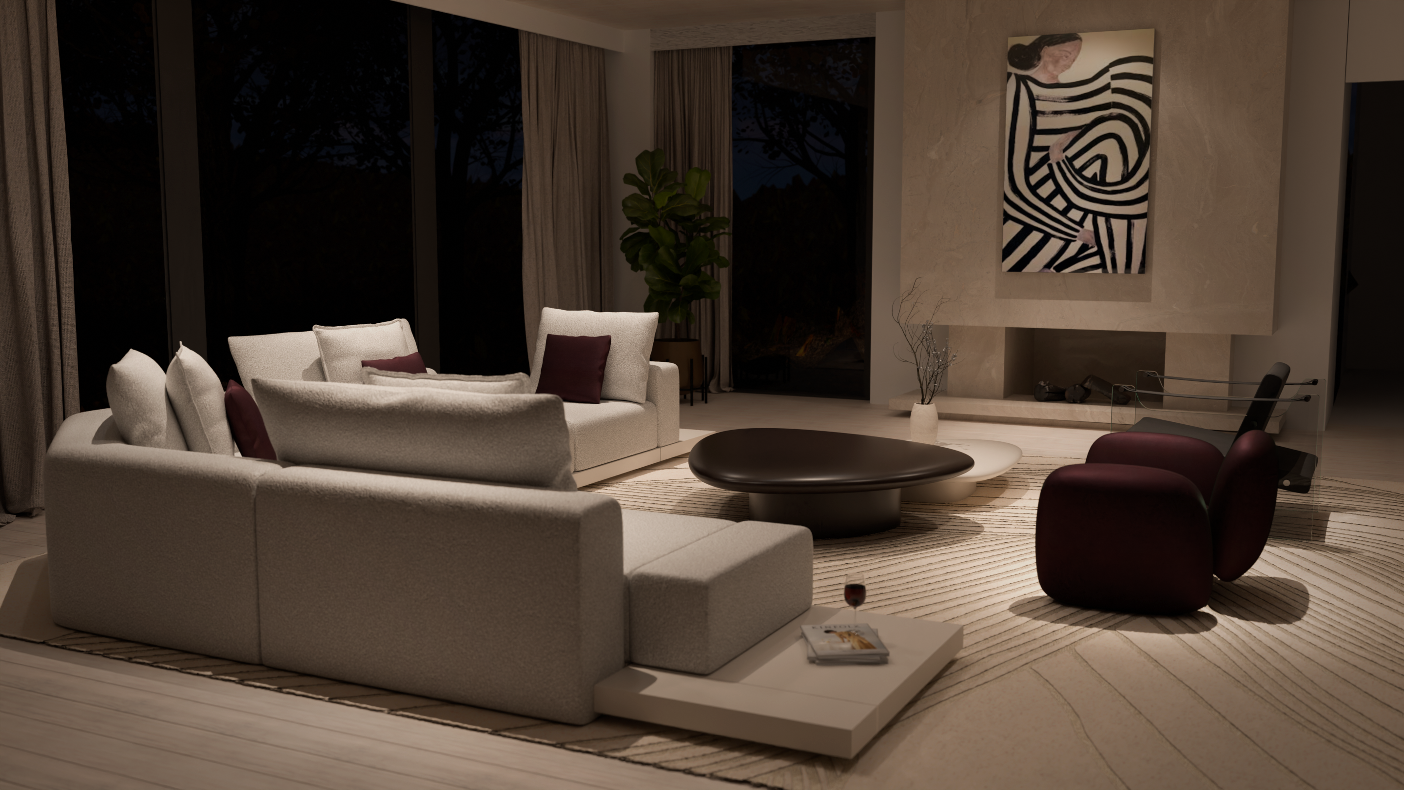 A modern living room at night with cream sofas, a black and white abstract painting, a low coffee table, a dark armchair, floor-to-ceiling windows, and a large plant in the corner. A book and glass sit on the sofa’s side table.